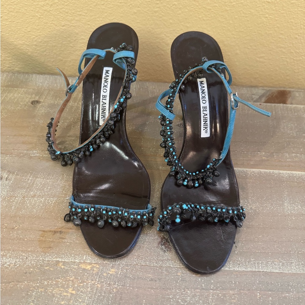Manolo Blahnik 39 Vintage MANOLO BLAHNIK turquoise metal beaded sandals 39